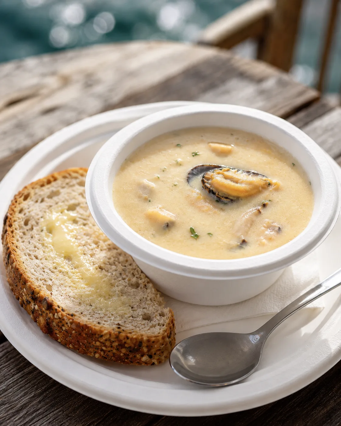 Creamy seafood chowder served with buttered bread by the sea
