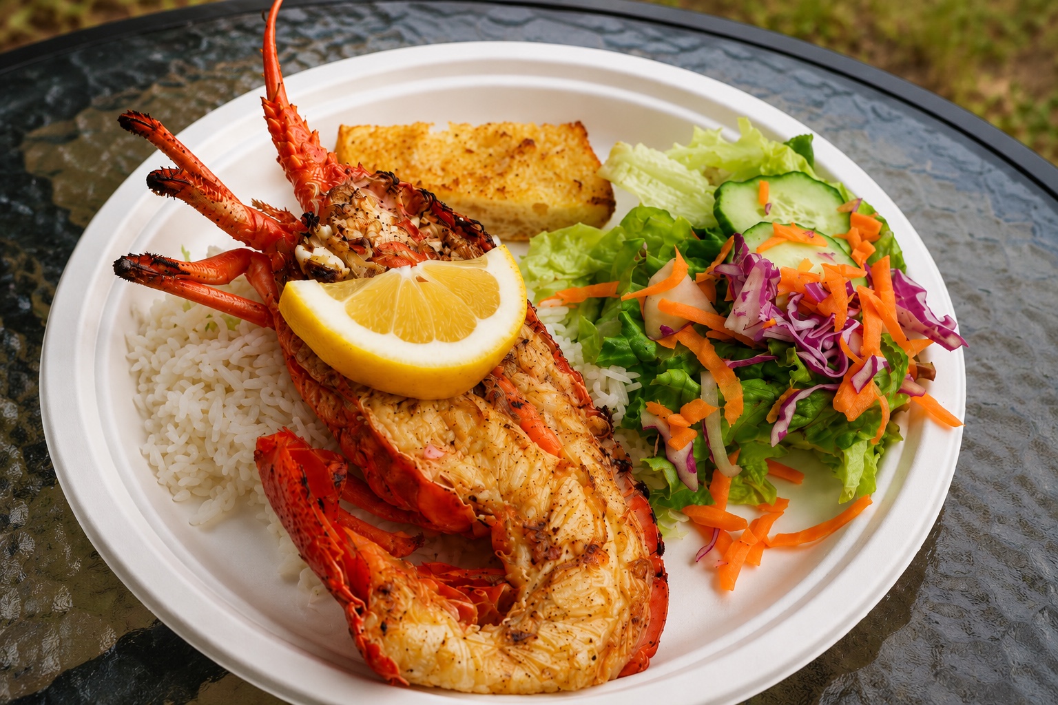 Grilled half crayfish served with rice, salad, garlic bread and lemon
