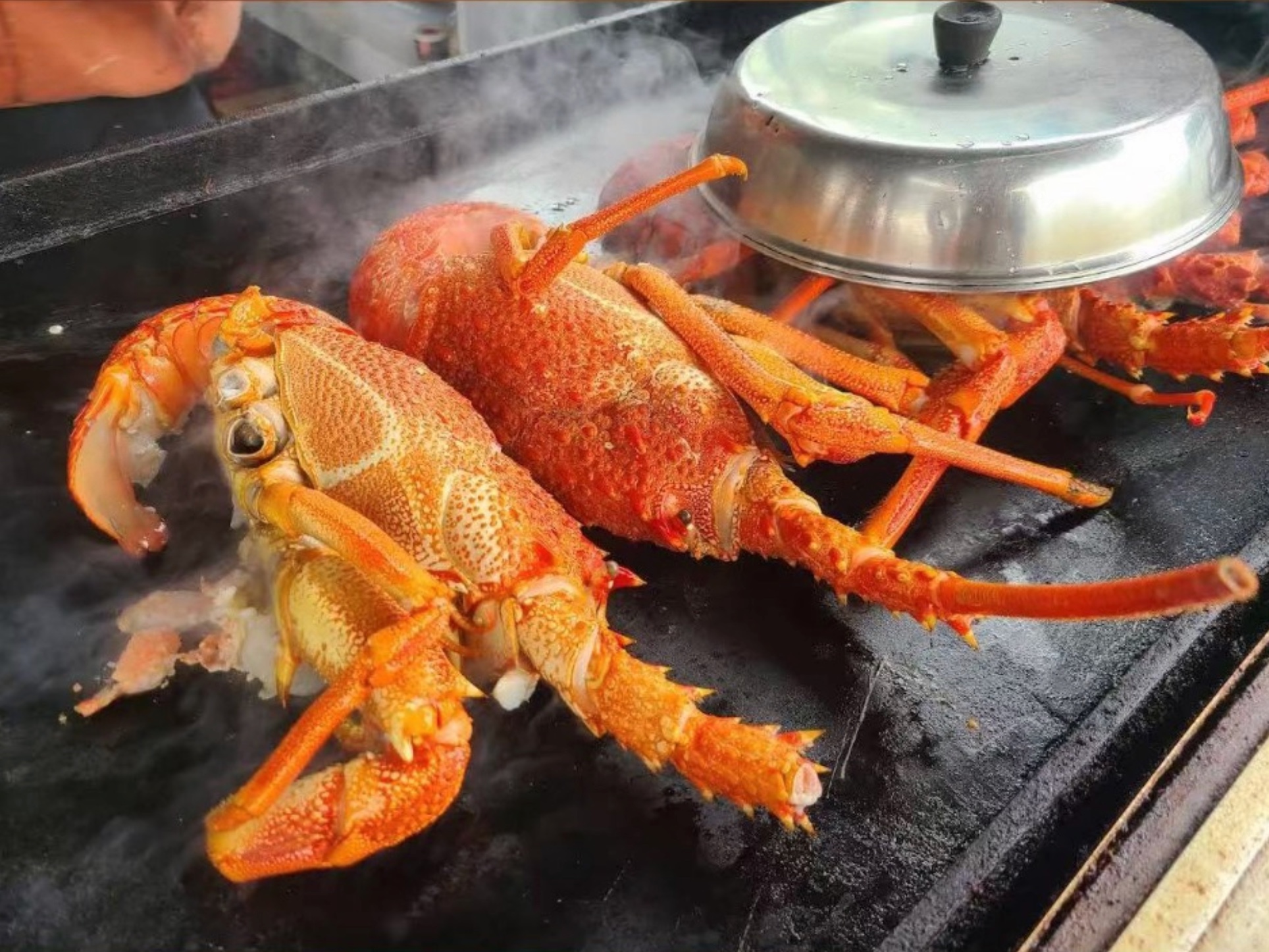 Crayfish cooking on the hotplate at Kaikoura Seafood BBQ