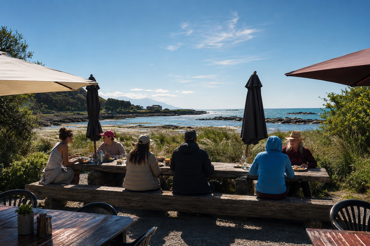 Diners at seaside picnic tables beside Jimmy Armers Beach